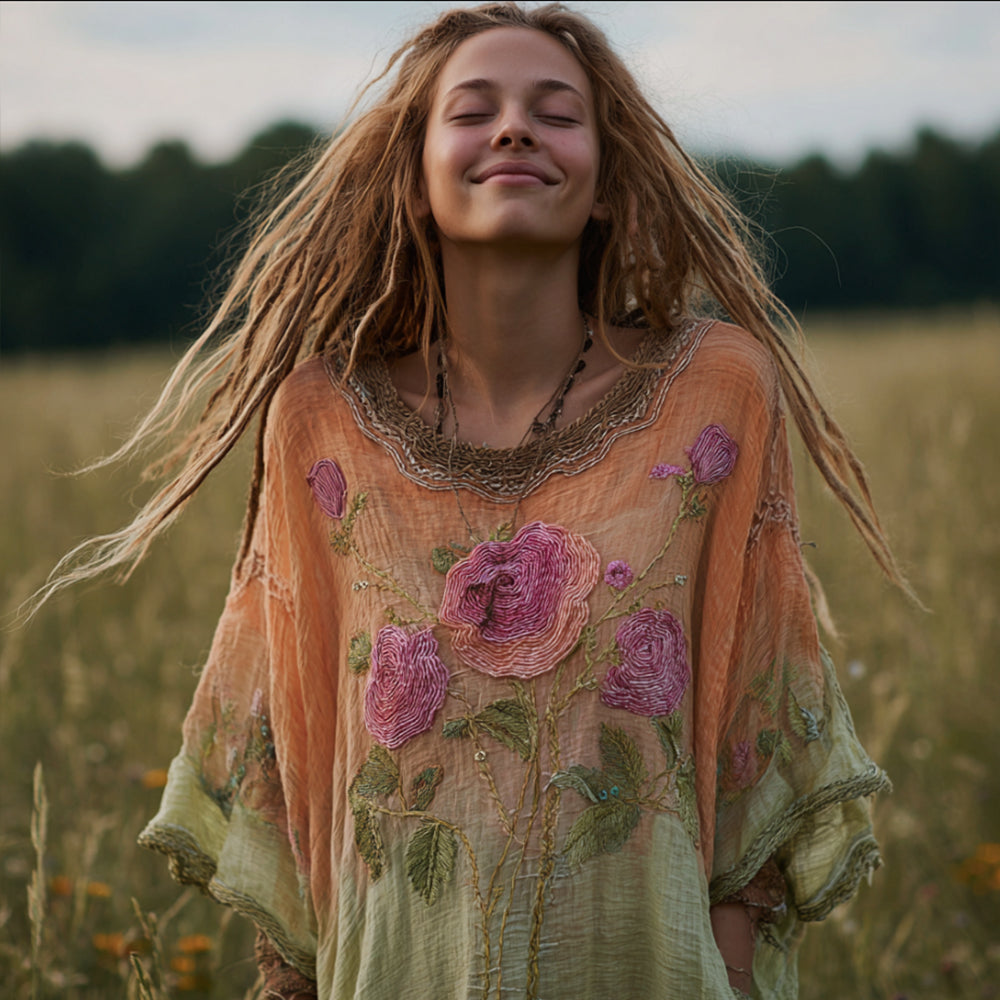 Camisa de manga corta con cuello redondo y estampado tie-dye floral para mujer 