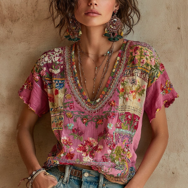 Camiseta de lino con cuello en V y bordado floral bohemio para mujer 