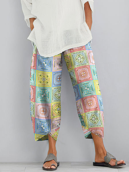 Pantalones casuales de algodón y lino con estampado floral bohemio para mujer 