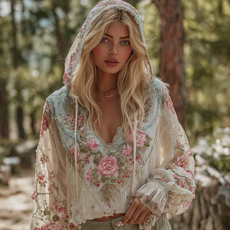 Sudadera vintage con cuello en V y estampado floral para mujer 