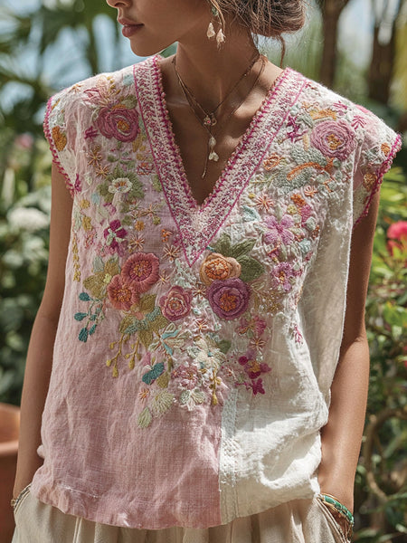 Camiseta de tirantes de lino con bordado de rosas patchwork para mujer 