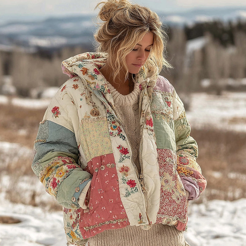 Vêtements chauds à capuche rembourrés en coton à patchwork floral pour femmes 
