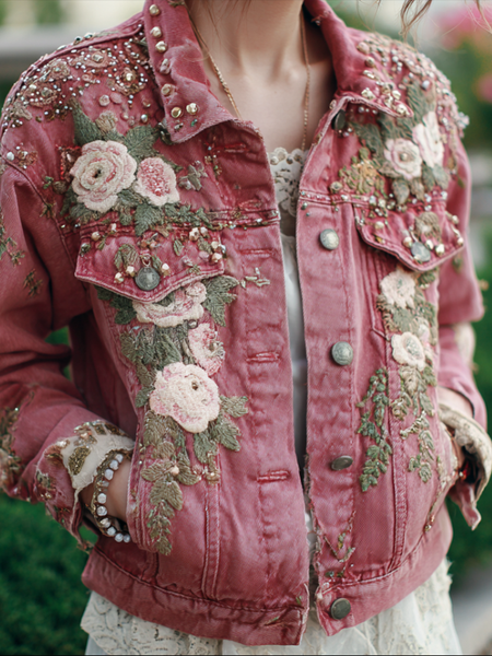 Chaqueta vaquera informal retro para mujer con bordado de rosas de estilo bohemio 