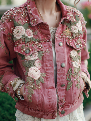 Chaqueta vaquera informal retro para mujer con bordado de rosas de estilo bohemio 