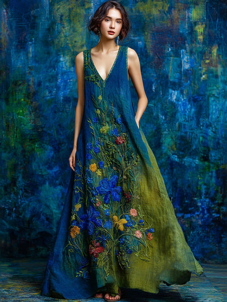Vestido largo sin mangas de lino con bordado floral vintage en contraste 