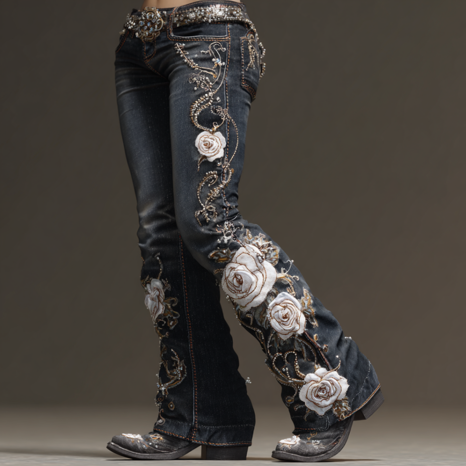 Pantalones vaqueros largos de mujer estilo bohemio con bordado de flores y plantas, corte holgado, pierna ancha y rectos. 