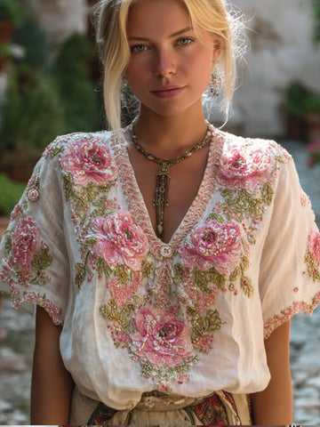 Bohemian Style Rose Embroidery V-neck Casual Short-sleeved Vintage Top