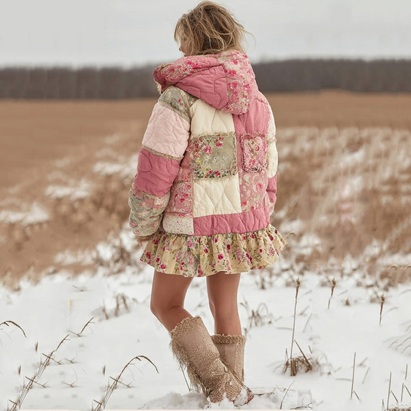 Ropa acolchada con capucha de algodón cálido con patchwork floral para mujer 