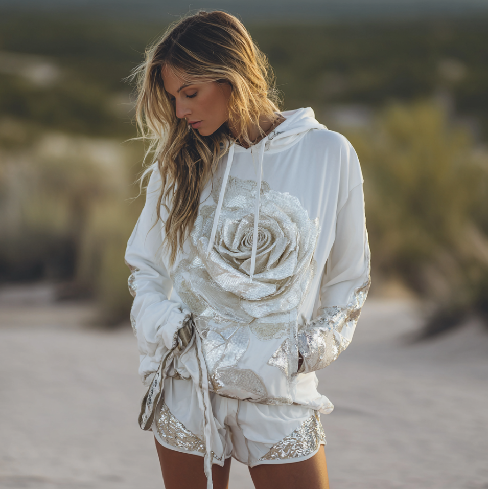 Sweat-shirt à capuche à manches longues pour femme, style bohème, rose 3D à sequins. 