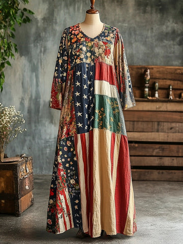 Robe longue à manches longues en lin pour femme, style bohème vintage à fleurs, pour la fête de l'Indépendance 