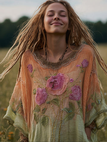 Camisa de manga corta con cuello redondo y estampado tie-dye floral para mujer 