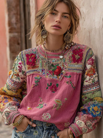 Sudadera vintage bohemia de manga larga con cuello redondo y bordado floral patchwork 