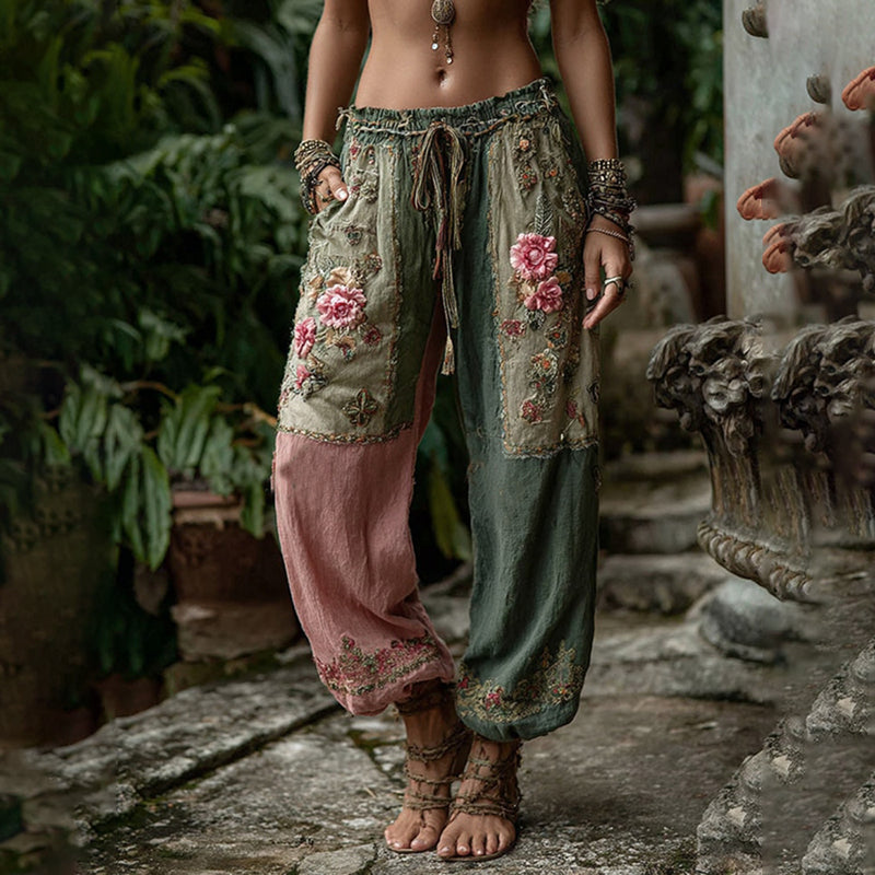 Vintage Retro Rose And Floral Patchwork Art Linen Pants