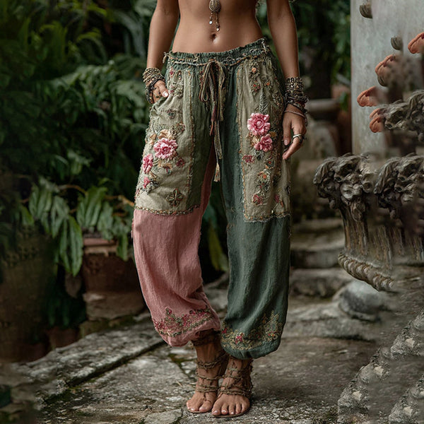 Vintage Retro Rose And Floral Patchwork Art Linen Pants