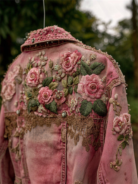 Boho Roses Lace Embroidered Pink Washed Denim Jacket