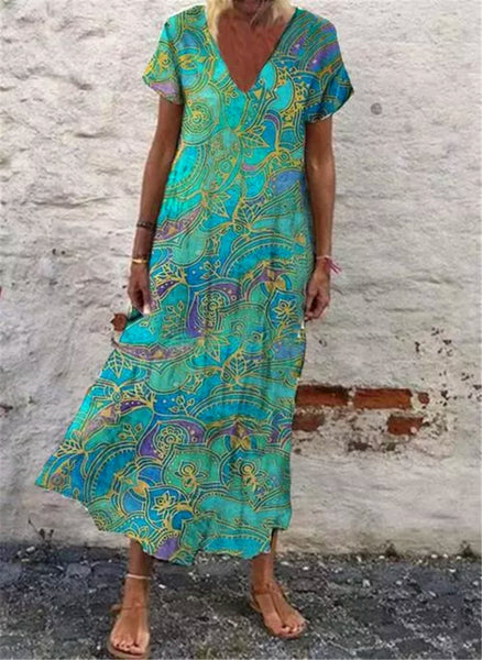 Vestido largo de talla grande, estilo boho floral, cuello en V, manga corta, ideal para primavera y verano. 