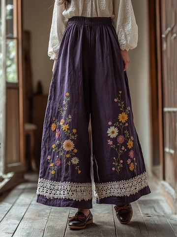 Pantalones anchos de algodón y lino con bordado floral bohemio vintage y encaje artístico 