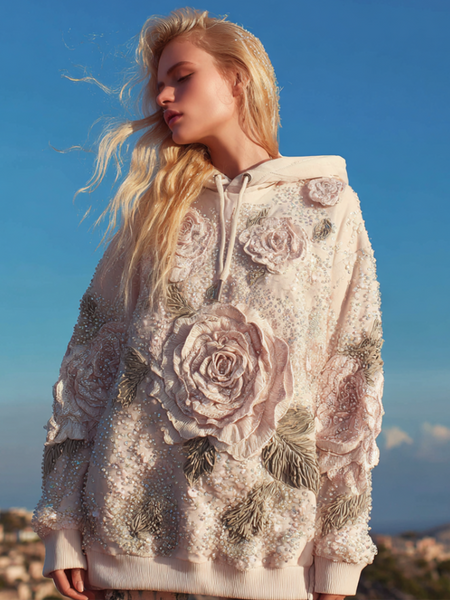 Bohemian Style 3d Pink Rose With Sequins Women's Hooded Long-sleeve Sweatshirt