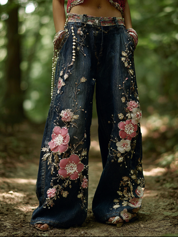 Bohemian Style Women's Plant Flower Embroidery Loose Fit Wide Leg Straight Leg Denim Long Pants