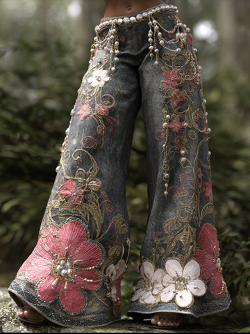 Bohemian Style Women's Plant Flower Embroidery Loose Fit Wide Leg Straight Leg Denim Long Pants