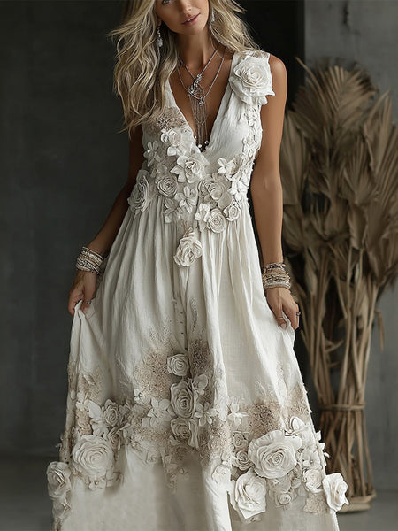 Women's Vintage White Rose Embroidered V-neck Tank Maxi Dress