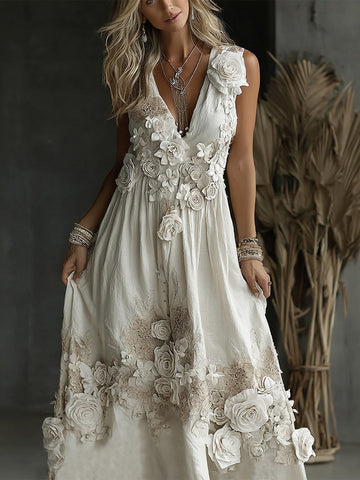 Vestido largo de tirantes con escote en V y bordado de rosas blancas vintage para mujer 
