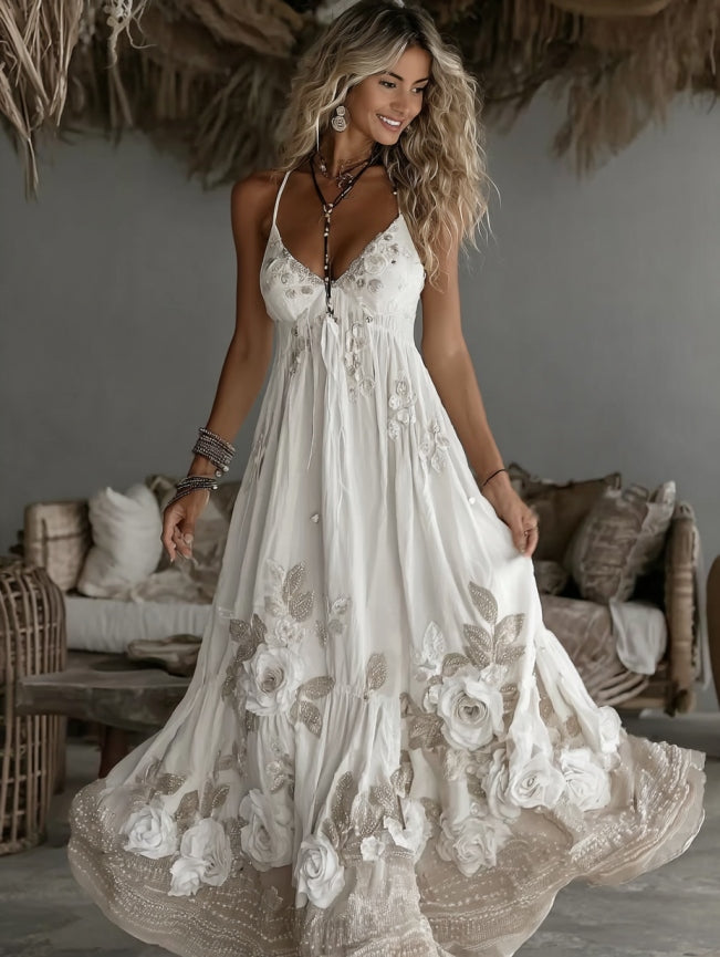 Women's Vintage Rose Embroidery Art Casual Camisole Dress