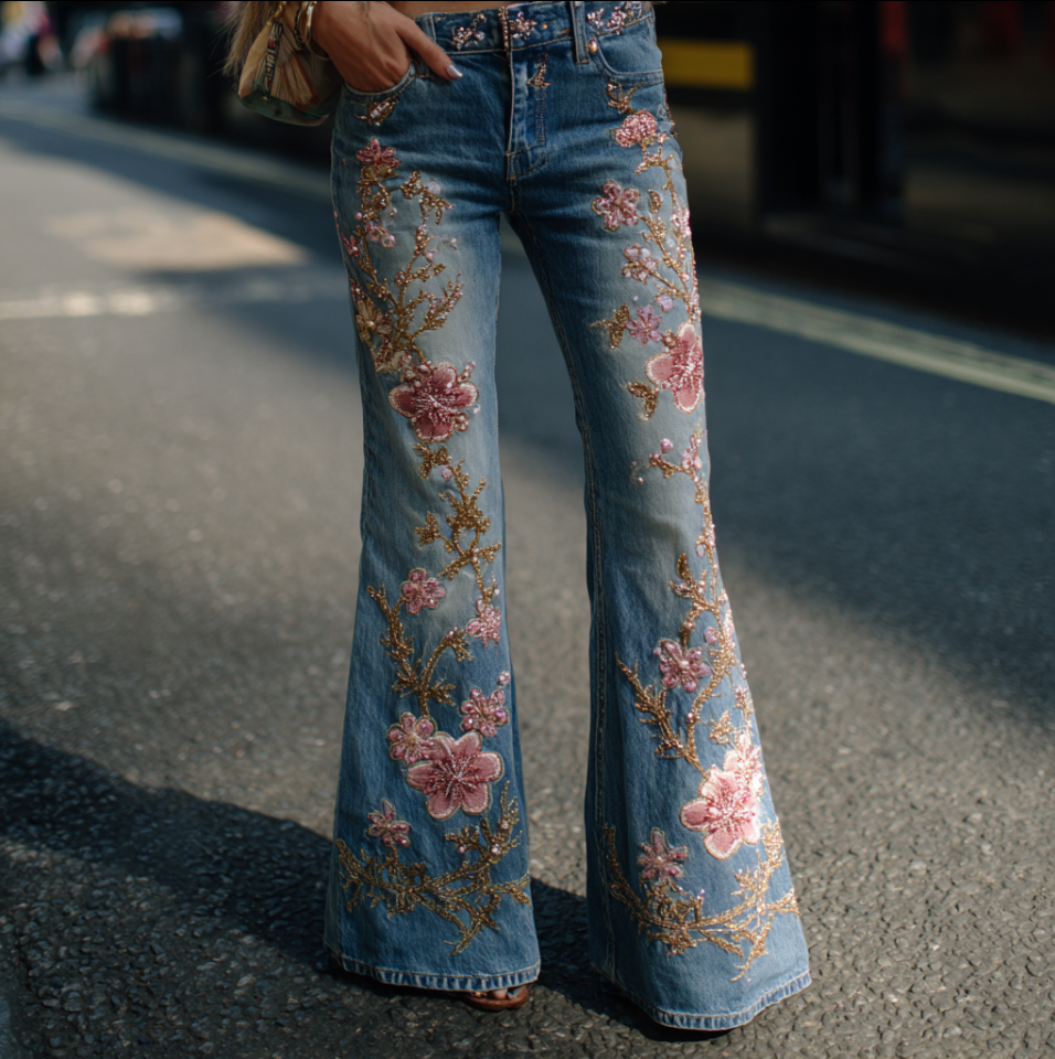 Pantalones vaqueros largos de mujer estilo bohemio con bordado de flores y plantas, corte holgado, pierna ancha y rectos. 