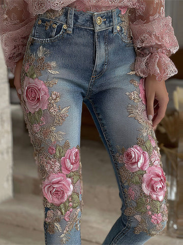 Jeans casuales para mujer con bordado floral degradado de rosas vintage 