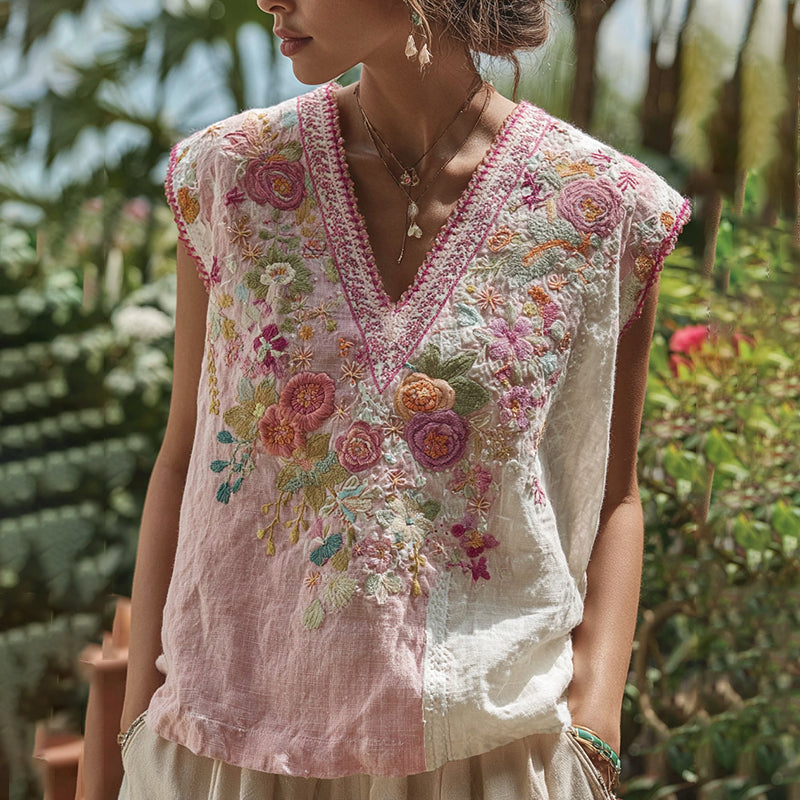 Camiseta de tirantes de lino con bordado de rosas patchwork para mujer 