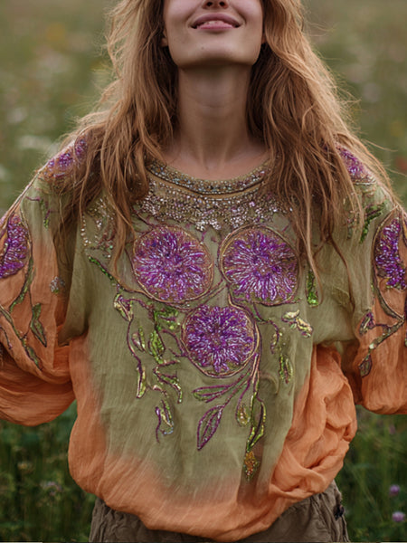 Ladies' Mandala Flower Embroidery And Tie-dye Vintage Round-neck Long-sleeve Shirt