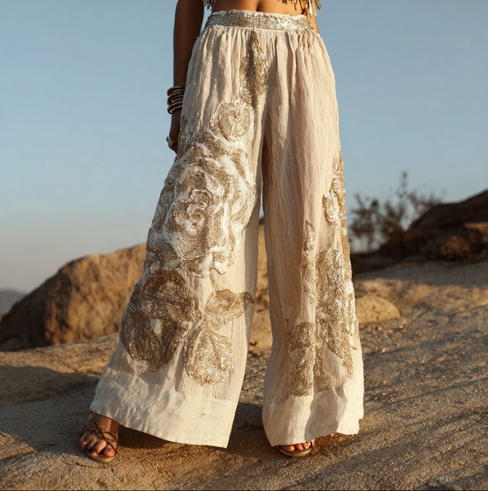 Pantalones largos holgados de pierna ancha para mujer, de algodón y lino, con bordado tridimensional de rosas de estilo bohemio. 