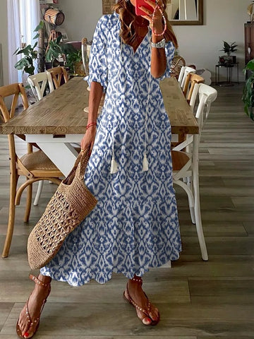Vestido boho de manga corta con estampado floral, estilo casual otoñal, geométrico y de talla grande. 