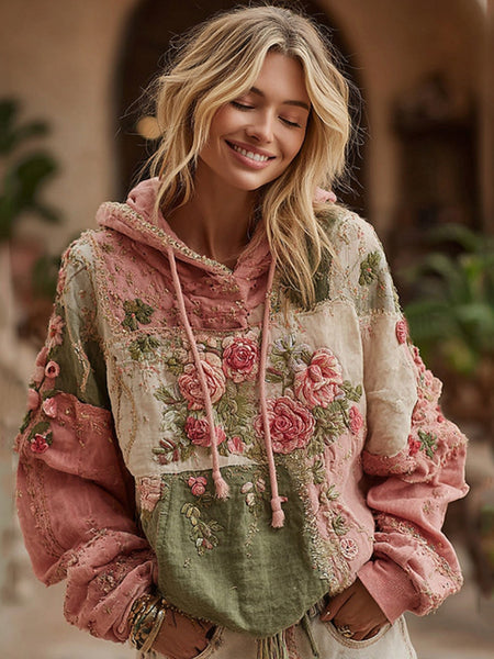 Sweat à capuche patchwork brodé de roses pour femme 