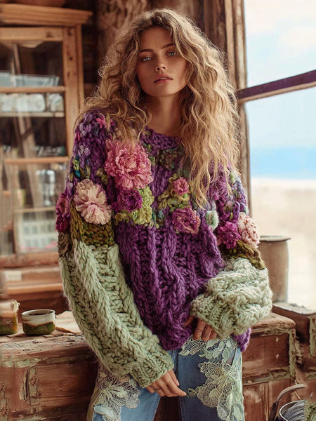 Suéter bohemio de punto grueso con contraste floral de ganchillo para mujer 
