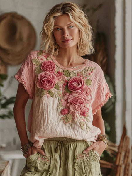 T-shirt confortable en lin à motif floral rose dégradé vintage pour femme 