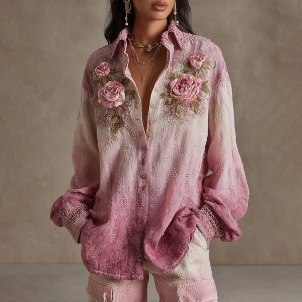 Camisa cómoda para mujer con bordado degradado de rosas 