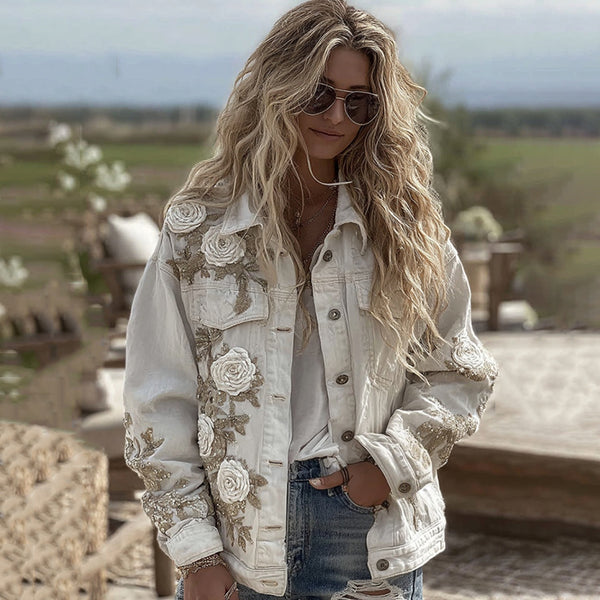 Chaqueta vaquera vintage bordada con flores para mujer 
