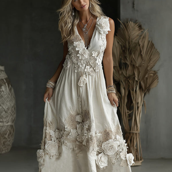 Women's Vintage White Rose Embroidered V-neck Tank Maxi Dress