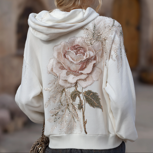 Sudadera de manga larga con capucha para mujer, estilo bohemio, con rosa rosa 3D y lentejuelas. 