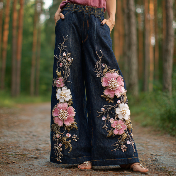 Pantalones vaqueros largos de mujer estilo bohemio con bordado de flores y plantas, corte holgado, pierna ancha y rectos. 