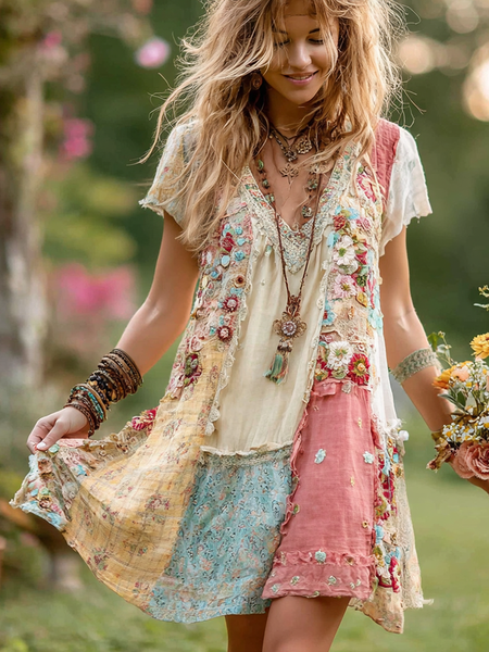 Vestido corto retro de algodón y lino con estampado floral para mujer 