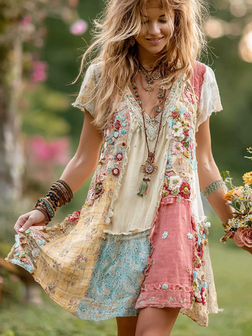 Vestido corto retro de algodón y lino con estampado floral para mujer 