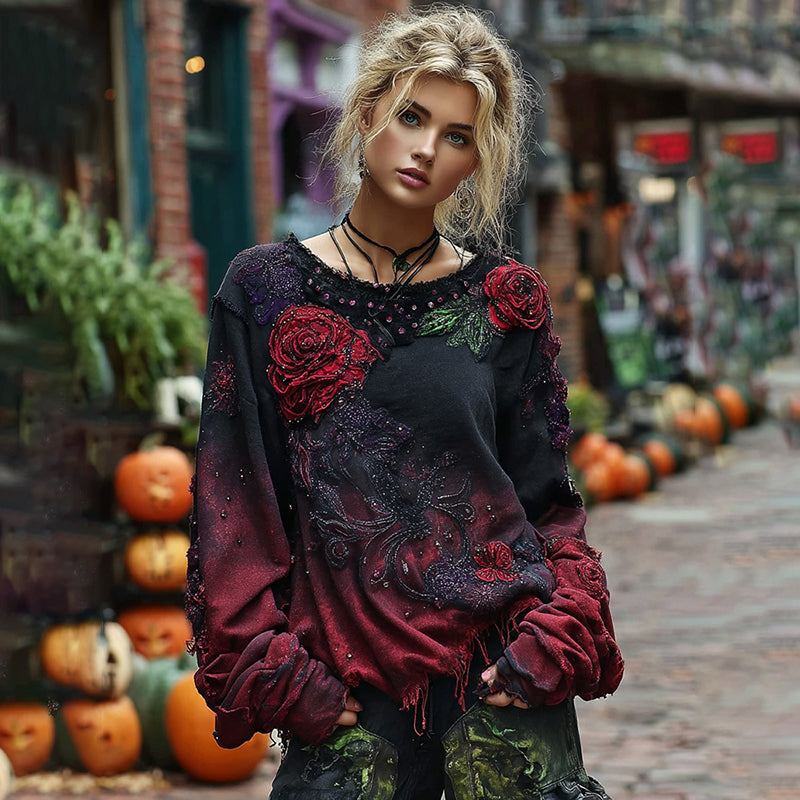 Vintage Rose Embroidery Beaded Gradient Crew Neck Sweatshirt