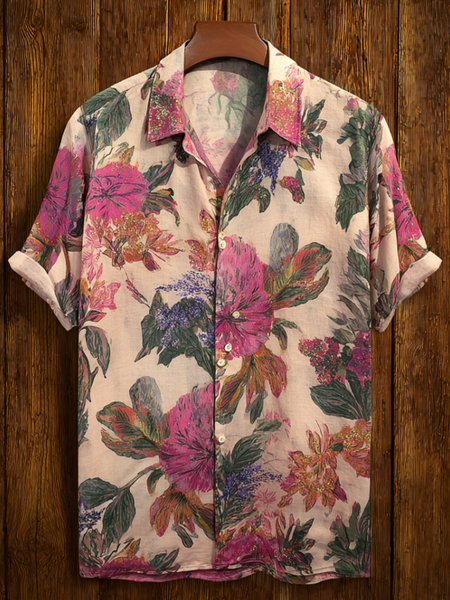 Camisa retro de algodón y lino para hombre Utbros con estampado de plantas y flores de estilo bohemio 