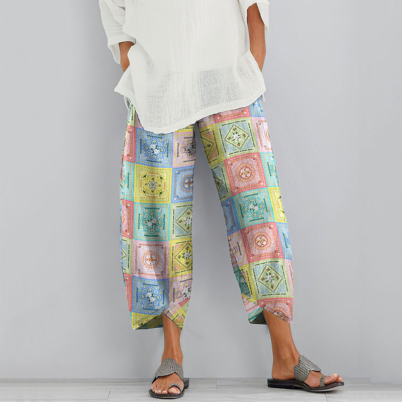Pantalones casuales de algodón y lino con estampado floral bohemio para mujer 