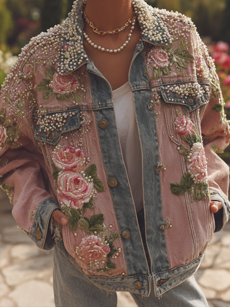 Bohemian Style Rose Embroidery Women's Retro Casual Denim Jacket