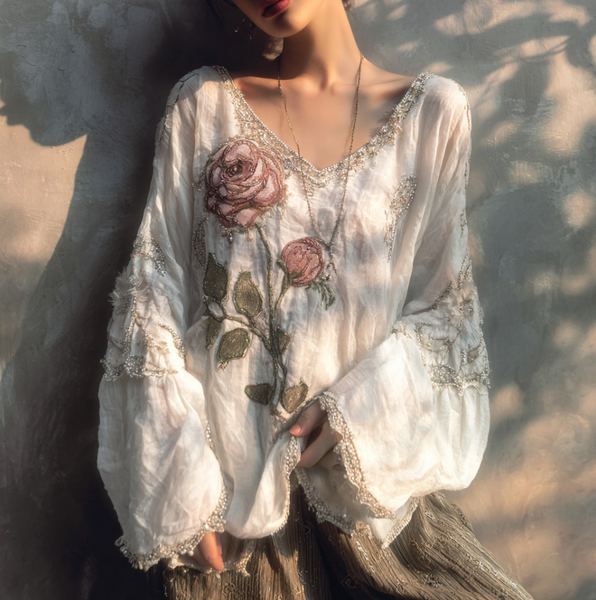 Top de mujer con cuello en V y estampado retro de rosas blancas con destellos 