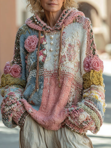 Women's Vintage Chunky Knit Rose Crochet Warm Hooded Sweater
