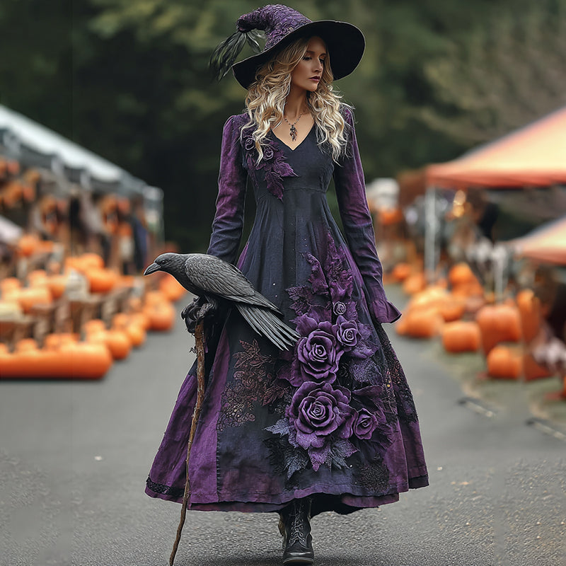 Women's Vintage Halloween Purple Rose Art Comfy Linen Maxi Dress